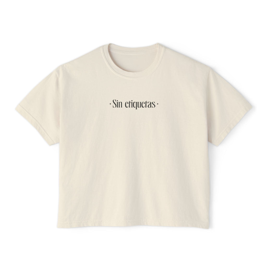Sin Etiquetas Women's Boxy Tee | Minimal Spanish Phrase Crop Shirt